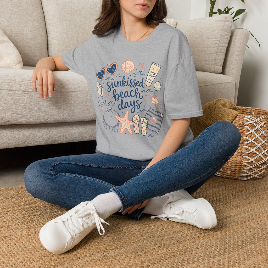 T-Shirt — Sunkissed Beach Days Graphic Tee (Seashells, Sunglasses & Sunblock)