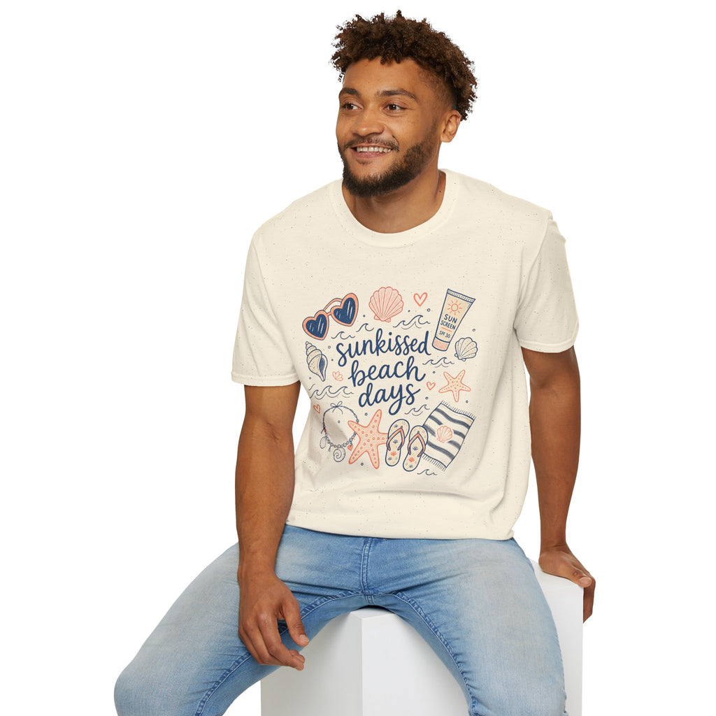 T-Shirt — Sunkissed Beach Days Graphic Tee (Seashells, Sunglasses & Sunblock)