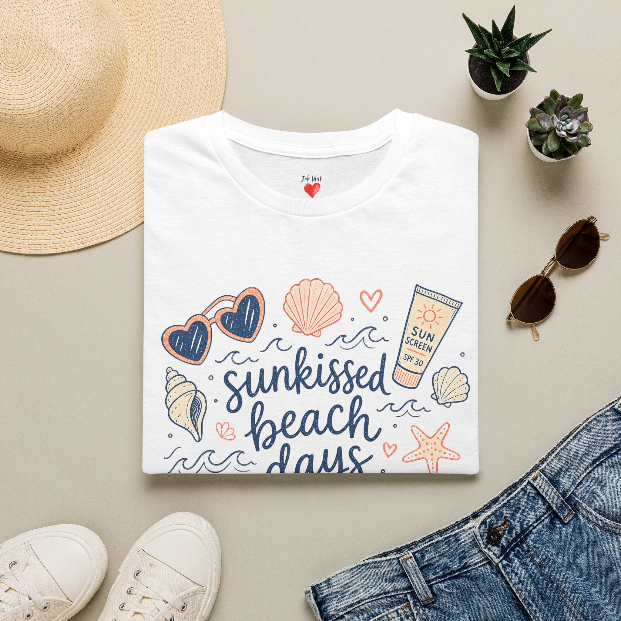 T-Shirt — Sunkissed Beach Days Graphic Tee (Seashells, Sunglasses & Sunblock)