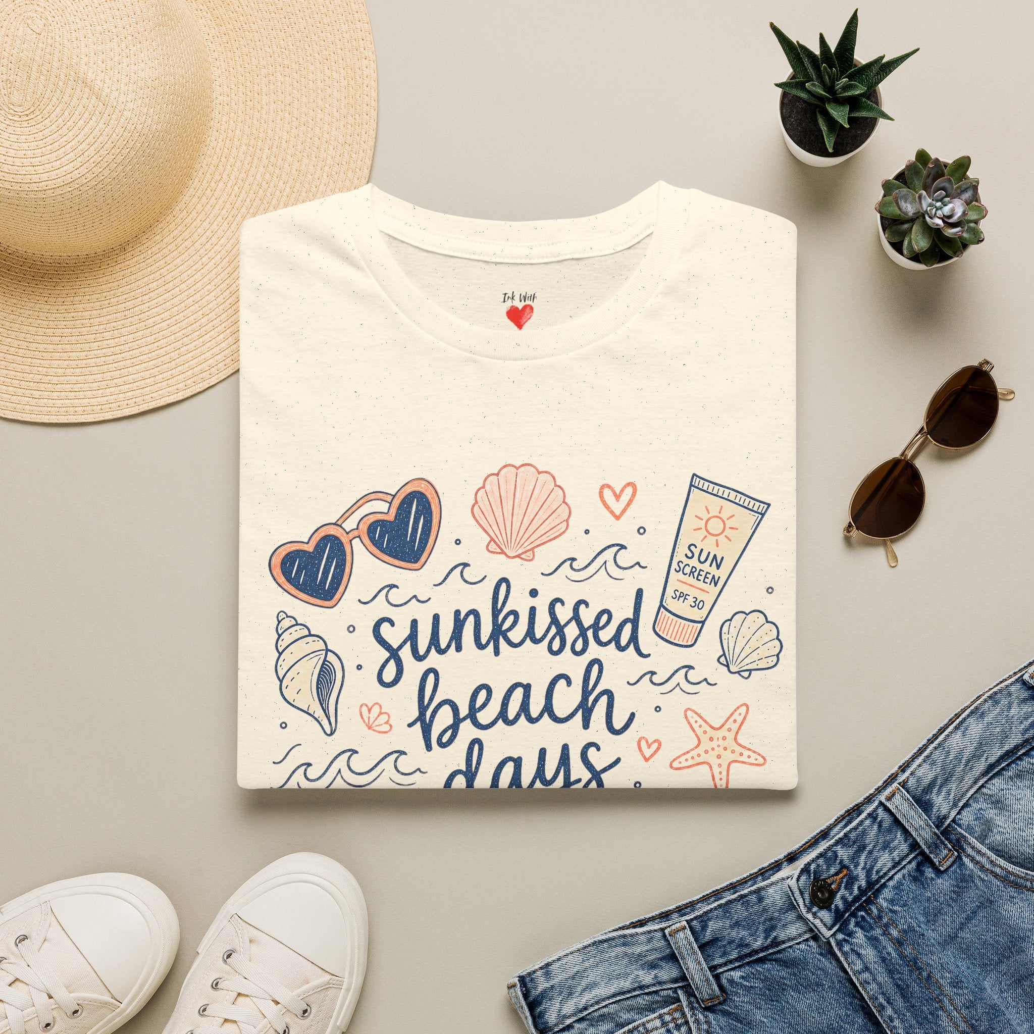 T-Shirt — Sunkissed Beach Days Graphic Tee (Seashells, Sunglasses & Sunblock)