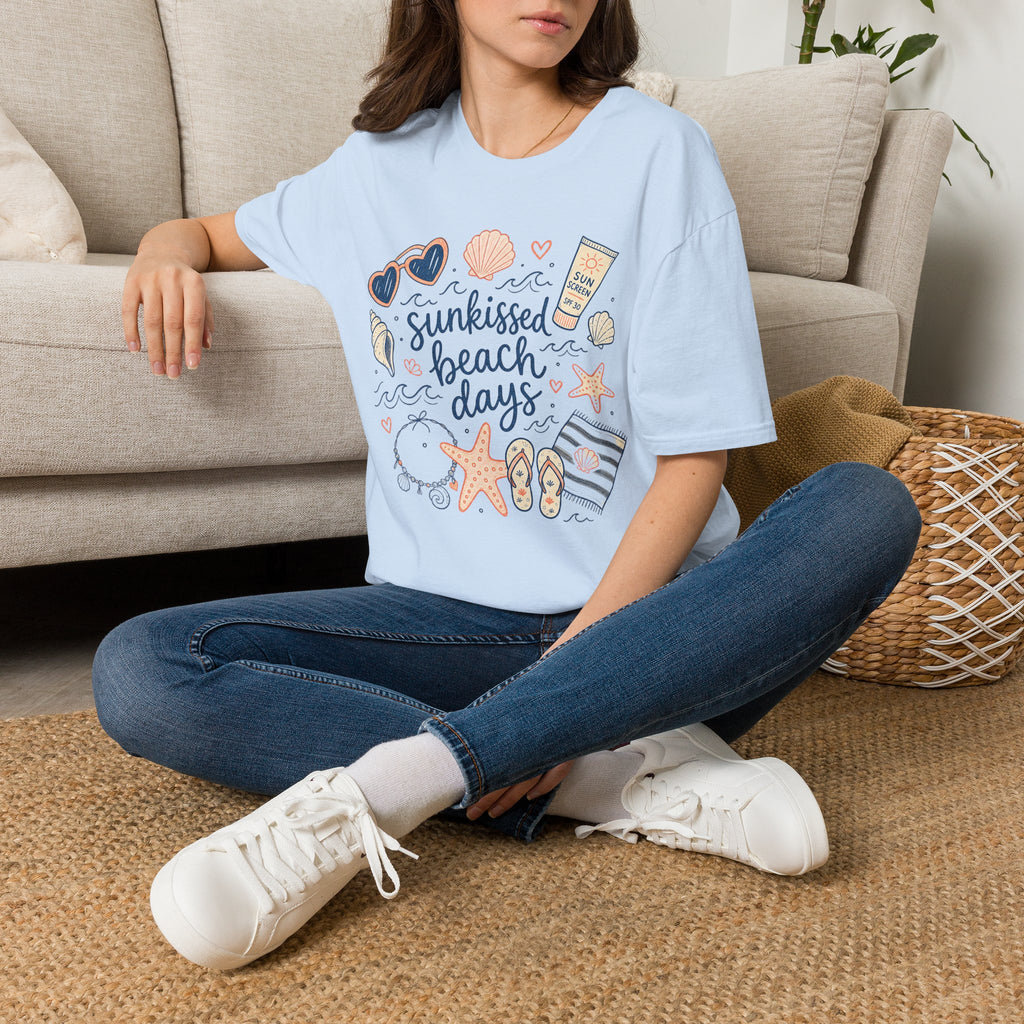 T-Shirt — Sunkissed Beach Days Graphic Tee (Seashells, Sunglasses & Sunblock)