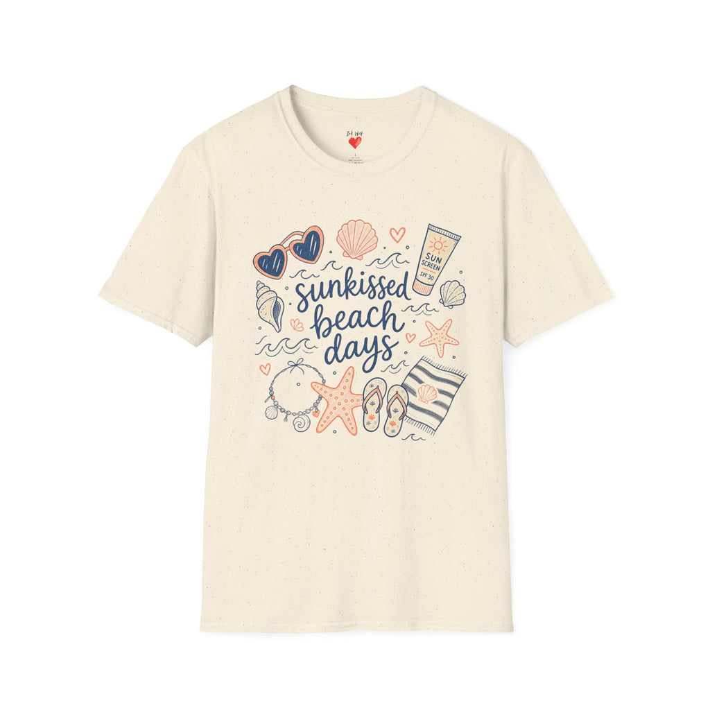 T-Shirt — Sunkissed Beach Days Graphic Tee (Seashells, Sunglasses & Sunblock)