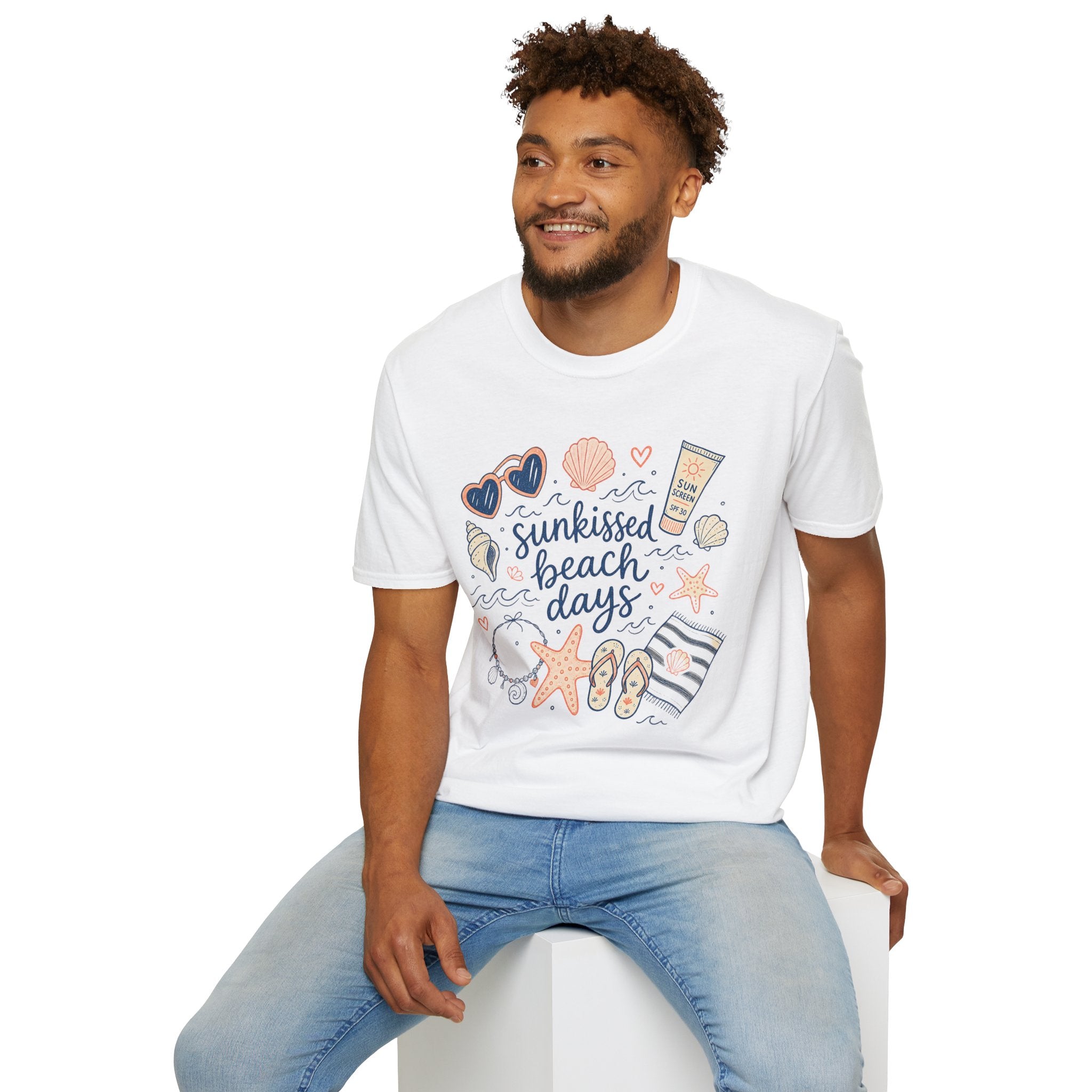 T-Shirt — Sunkissed Beach Days Graphic Tee (Seashells, Sunglasses & Sunblock)