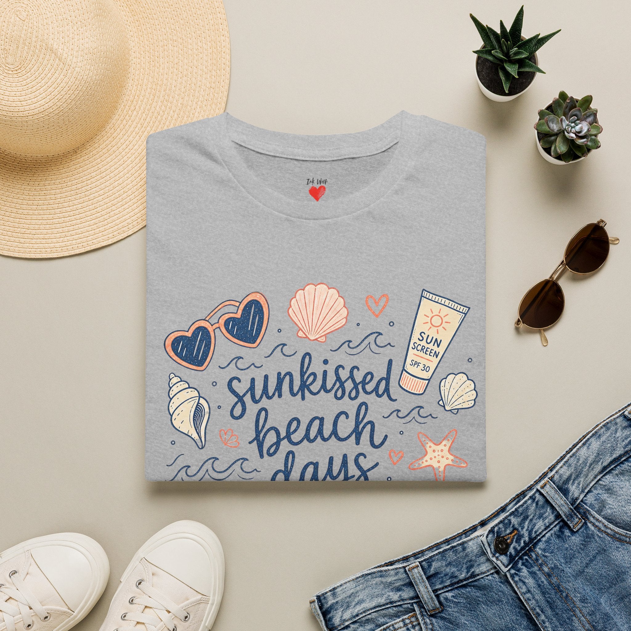 T-Shirt — Sunkissed Beach Days Graphic Tee (Seashells, Sunglasses & Sunblock)