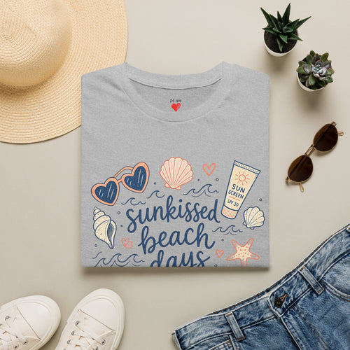 T-Shirt — Sunkissed Beach Days Graphic Tee (Seashells, Sunglasses & Sunblock)