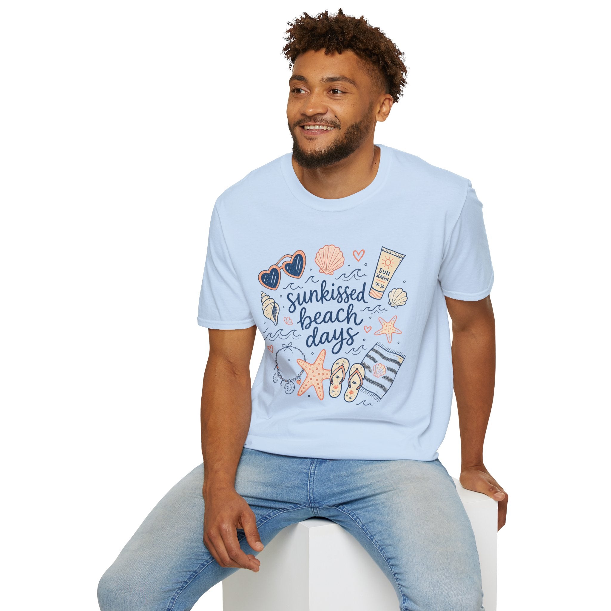 T-Shirt — Sunkissed Beach Days Graphic Tee (Seashells, Sunglasses & Sunblock)