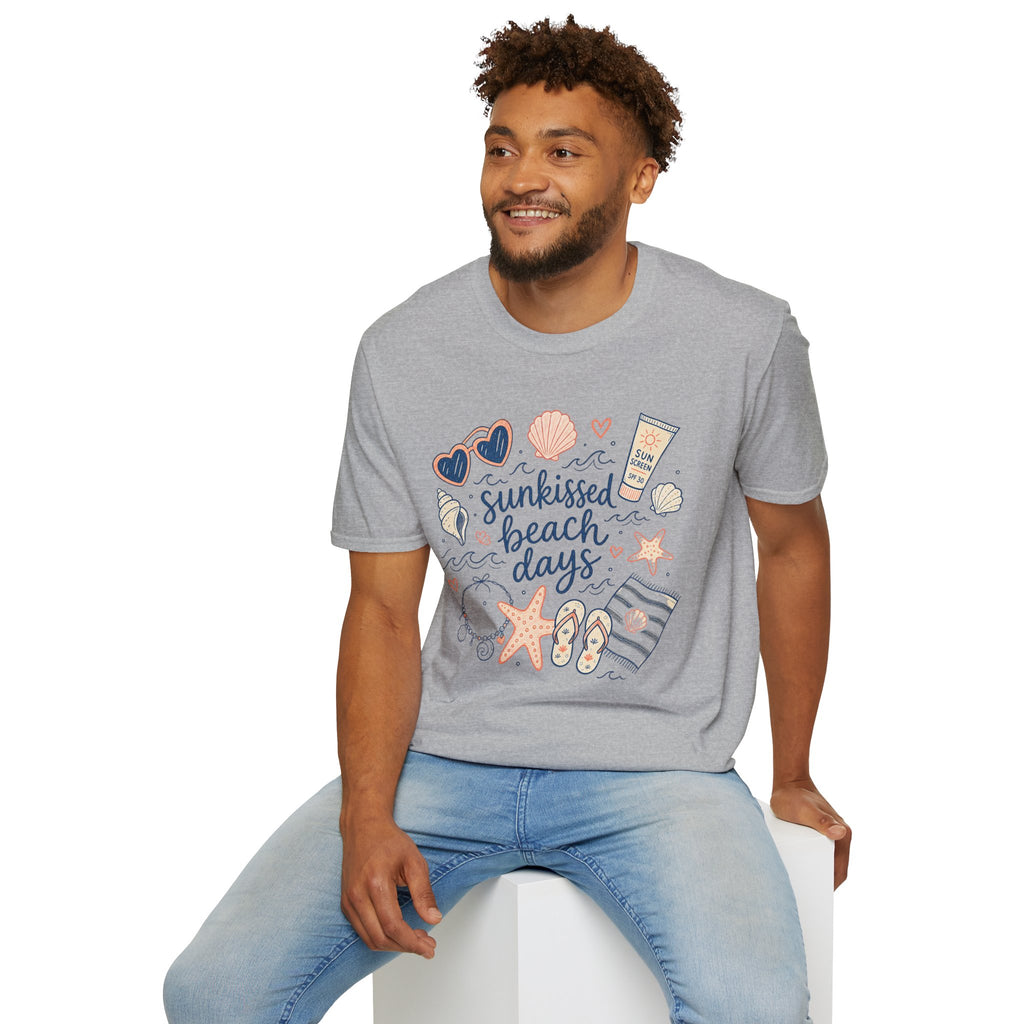 T-Shirt — Sunkissed Beach Days Graphic Tee (Seashells, Sunglasses & Sunblock)