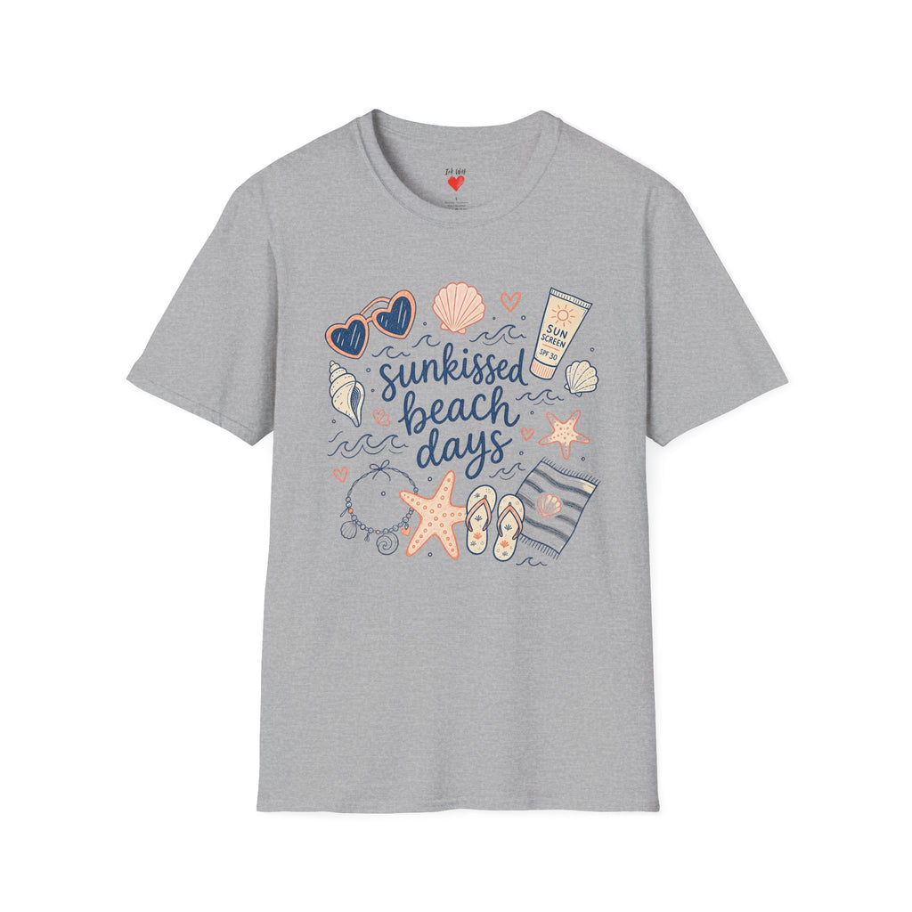 T-Shirt — Sunkissed Beach Days Graphic Tee (Seashells, Sunglasses & Sunblock)