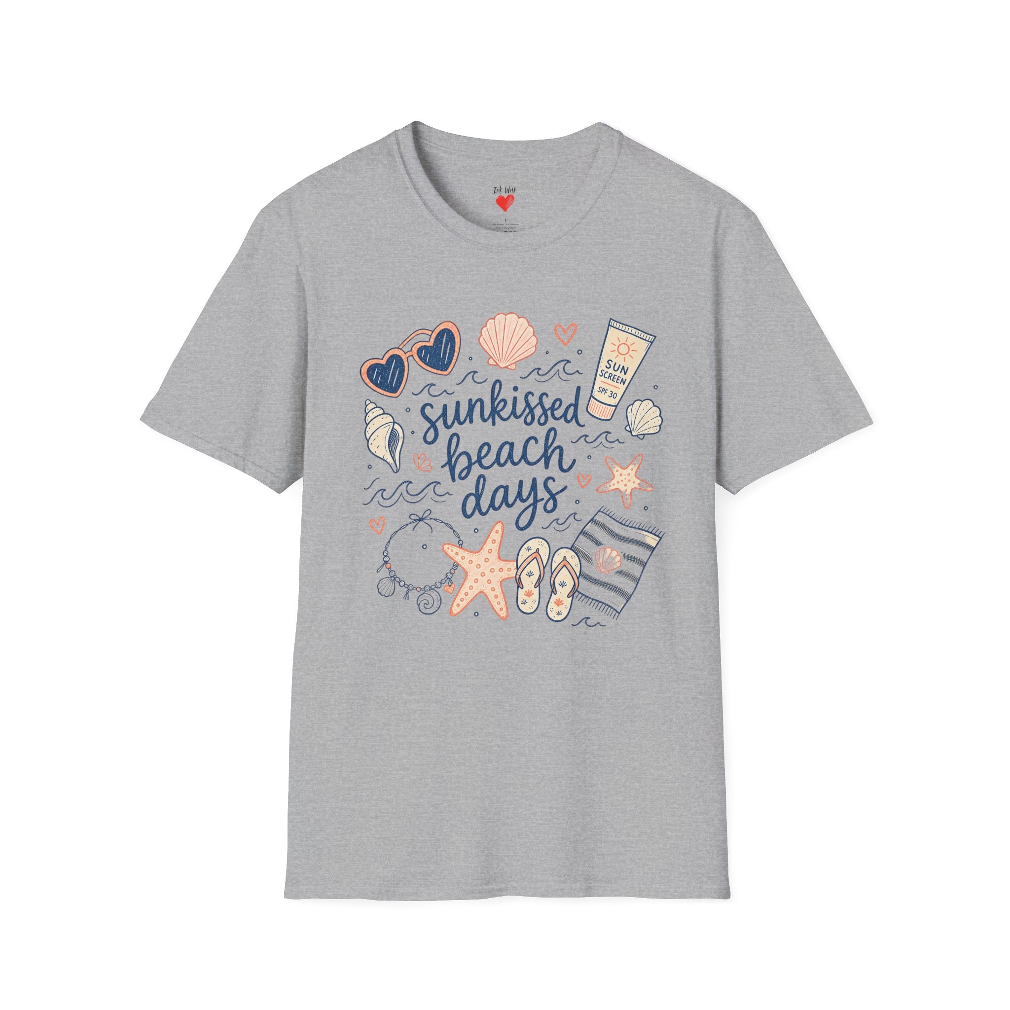 T-Shirt — Sunkissed Beach Days Graphic Tee (Seashells, Sunglasses & Sunblock)