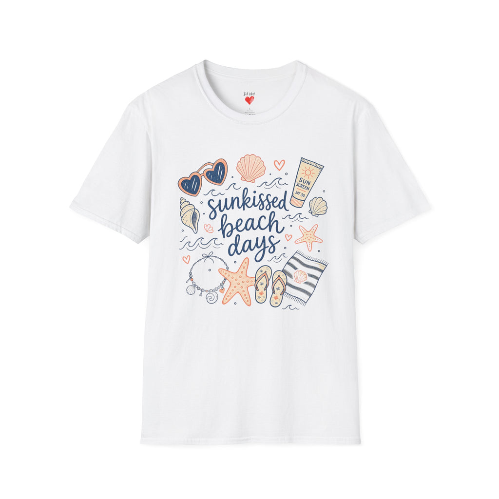 T-Shirt — Sunkissed Beach Days Graphic Tee (Seashells, Sunglasses & Sunblock)