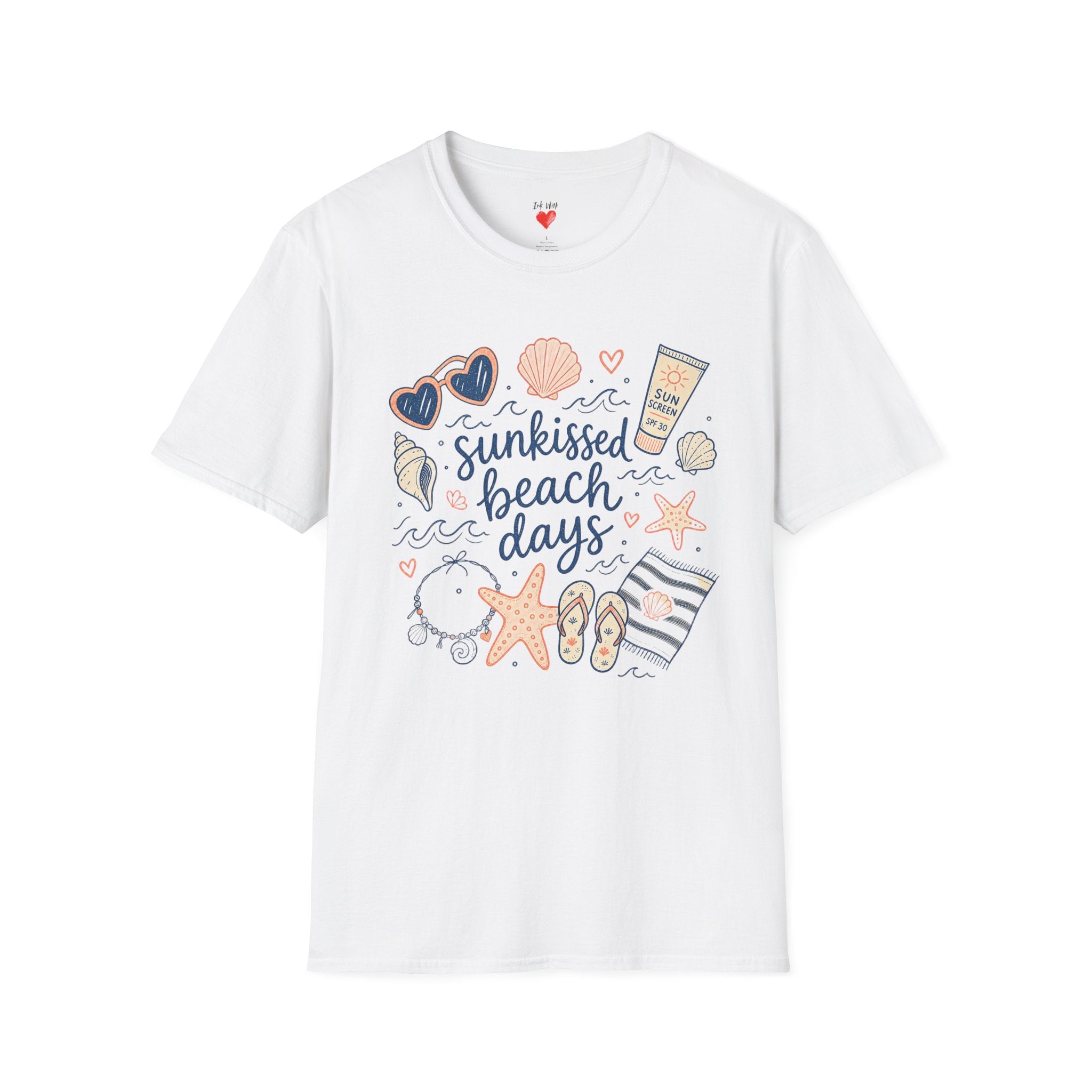 T-Shirt — Sunkissed Beach Days Graphic Tee (Seashells, Sunglasses & Sunblock)