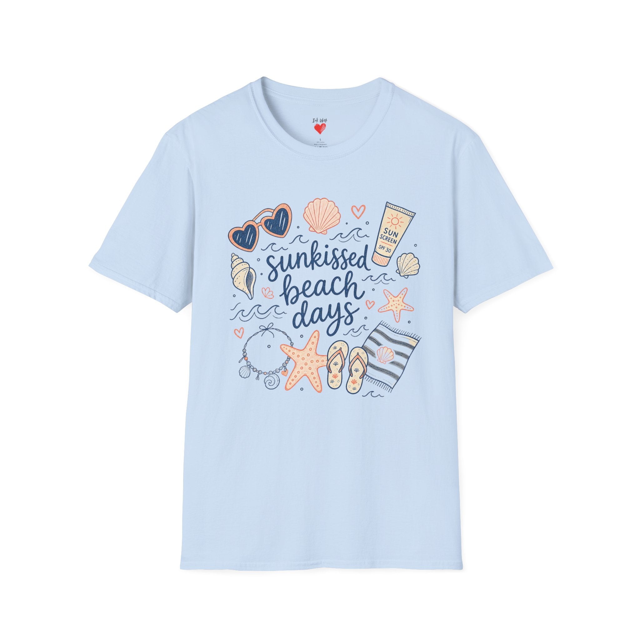 T-Shirt — Sunkissed Beach Days Graphic Tee (Seashells, Sunglasses & Sunblock)
