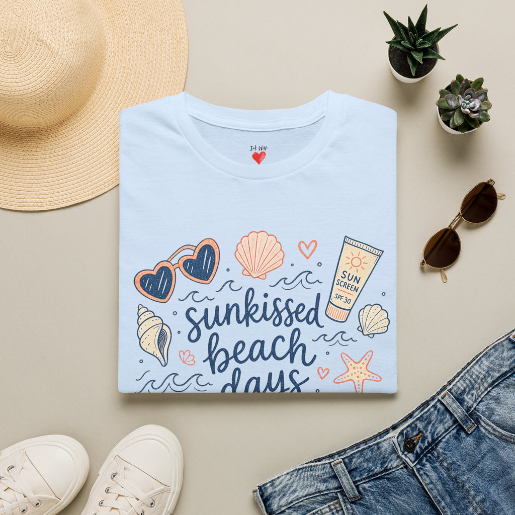 T-Shirt — Sunkissed Beach Days Graphic Tee (Seashells, Sunglasses & Sunblock)