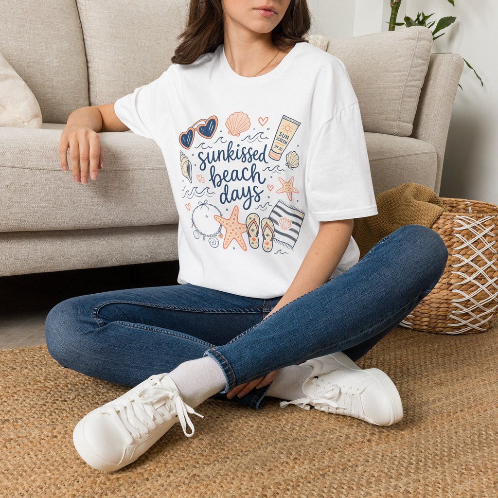 T-Shirt — Sunkissed Beach Days Graphic Tee (Seashells, Sunglasses & Sunblock)