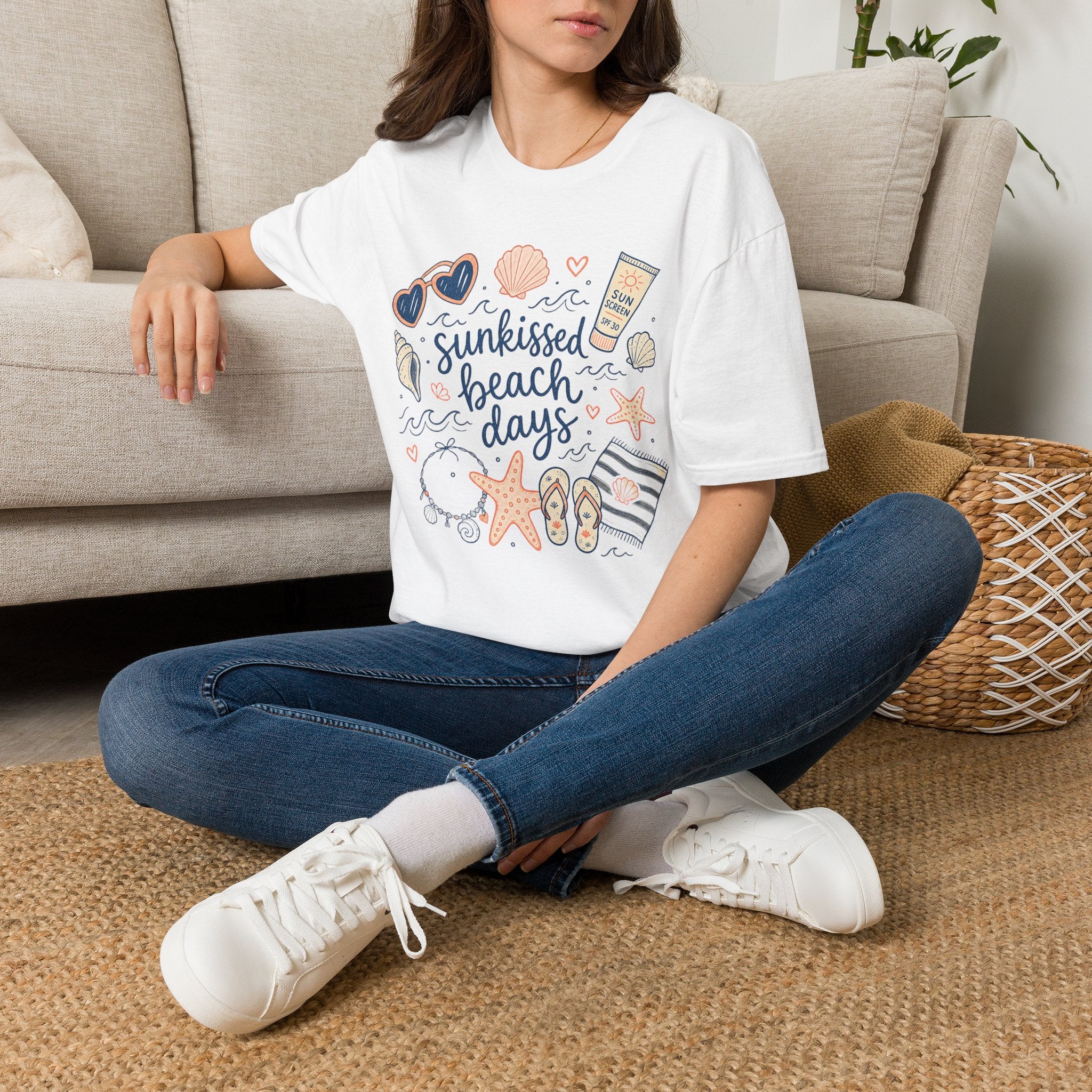 T-Shirt — Sunkissed Beach Days Graphic Tee (Seashells, Sunglasses & Sunblock)