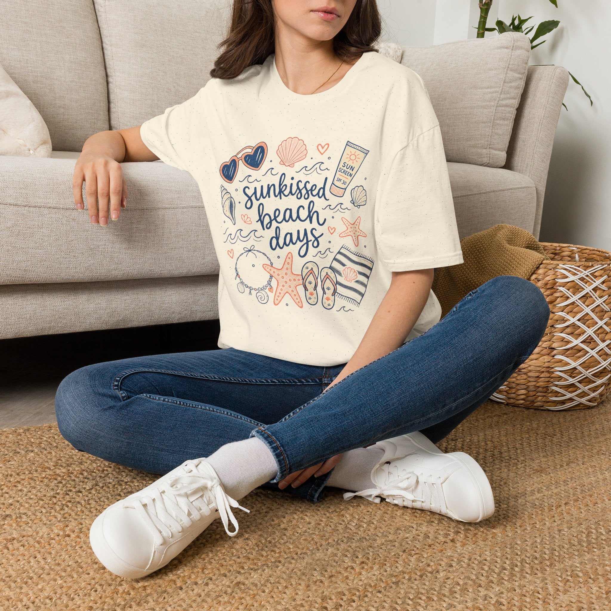 T-Shirt — Sunkissed Beach Days Graphic Tee (Seashells, Sunglasses & Sunblock)